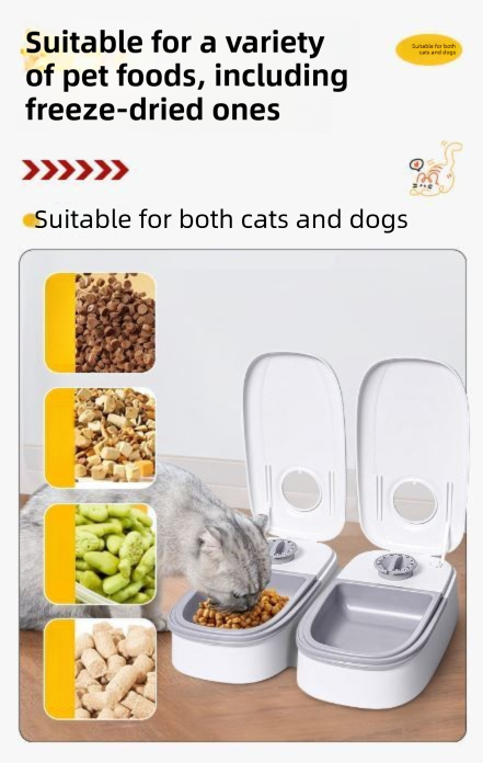 Pink Silent Automatic Pet Double Meal Dispenser with Rotary Buckle - Longest 48H Scheduled and Long Battery Life, Detachable for Easy Cleaning