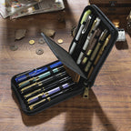 Black 12-Slot Genuine Crazy Horse Leather Fountain Pen Case - Handcrafted Large Capacity Zippered Pen Organizer & Stationery Pouch