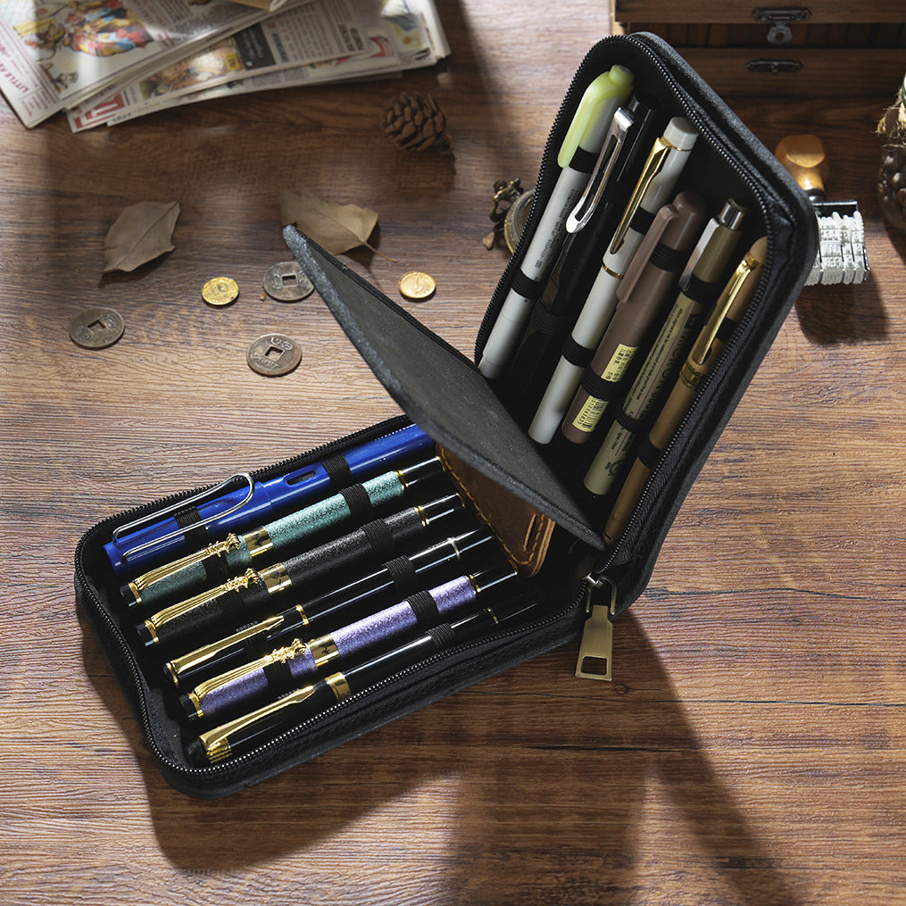Blue 12-Slot Genuine Crazy Horse Leather Fountain Pen Case - Handcrafted Large Capacity Zippered Pen Organizer & Stationery Pouch