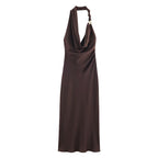 S Elegant Halter Neck Satin Midi Dress - Sexy Asymmetric Draped Evening Gown with Metal Hardware Accent for Women