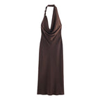 M Elegant Halter Neck Satin Midi Dress - Sexy Asymmetric Draped Evening Gown with Metal Hardware Accent for Women