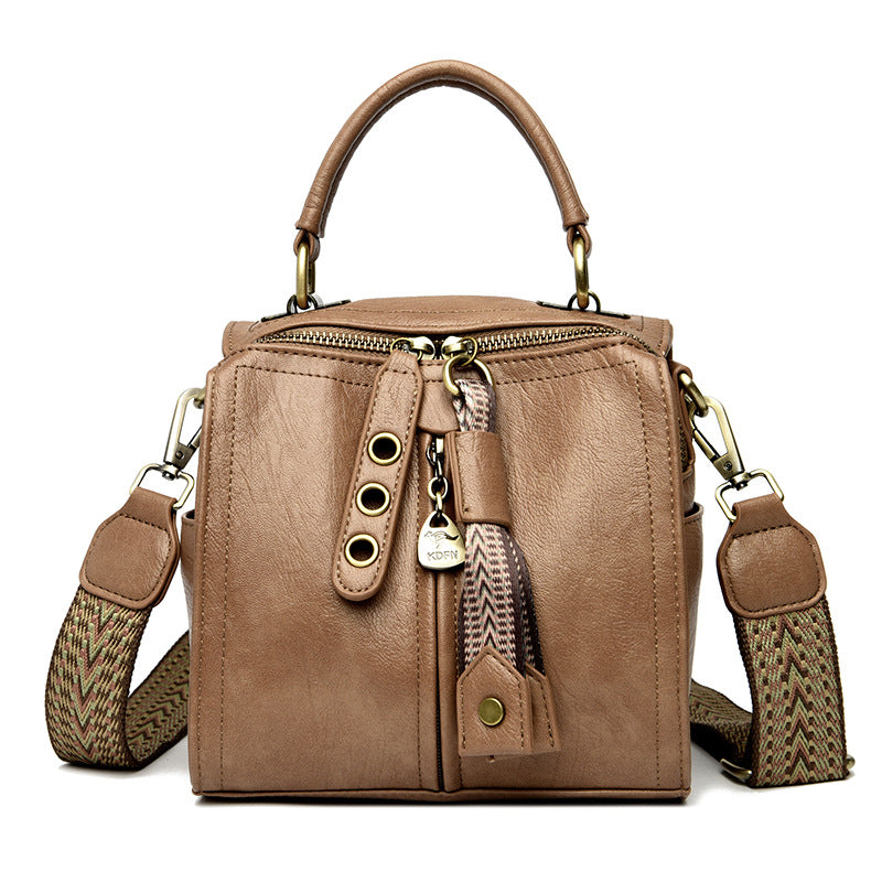 Khaki Vintage Look PU Leather Box Bag | Stylish Top Handle Crossbody Tote | Multi-Carry Bucket Bag with Wide Strap