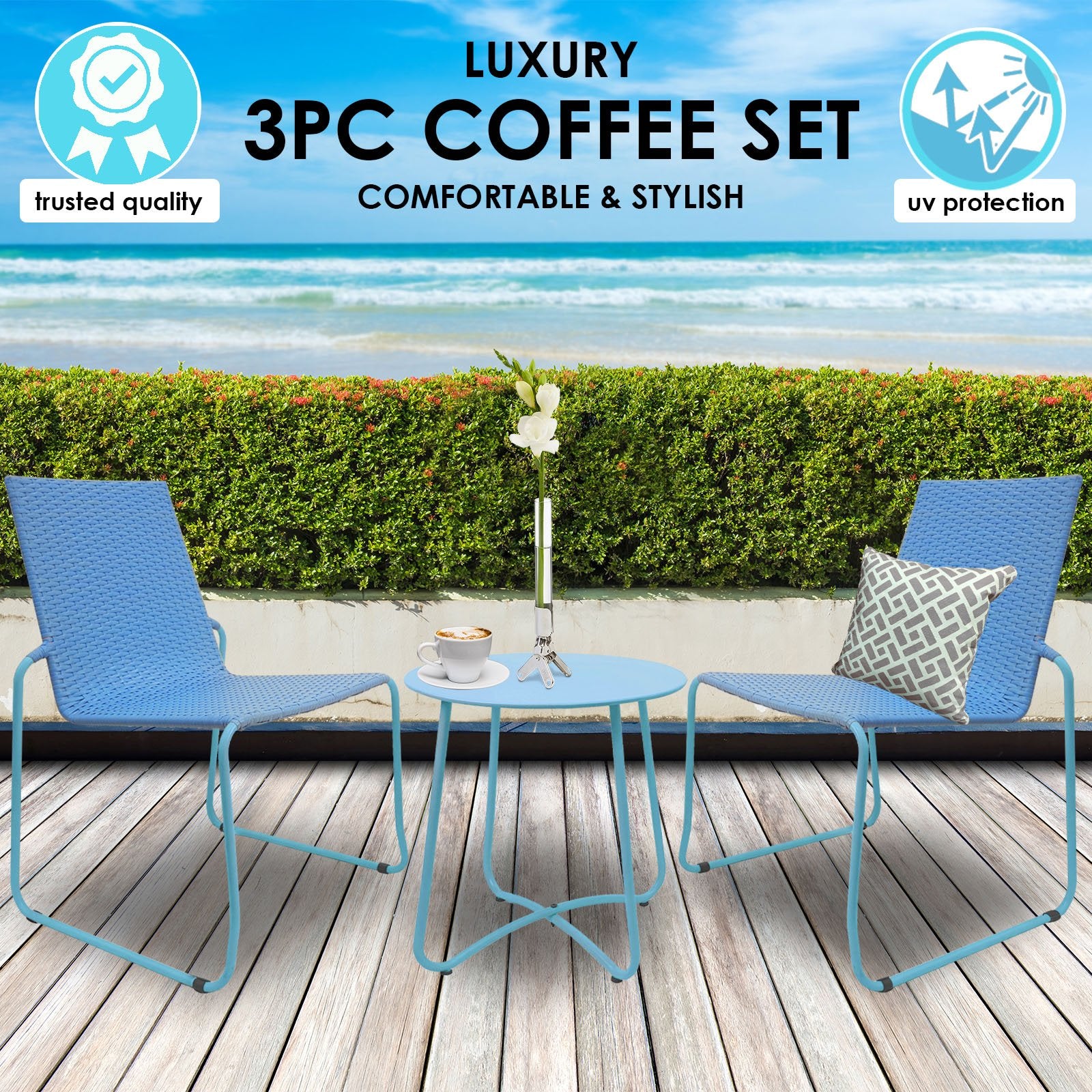 Milano Outdoor Steel/Rattan 3 Piece Blue Coffee Set (1 Box)