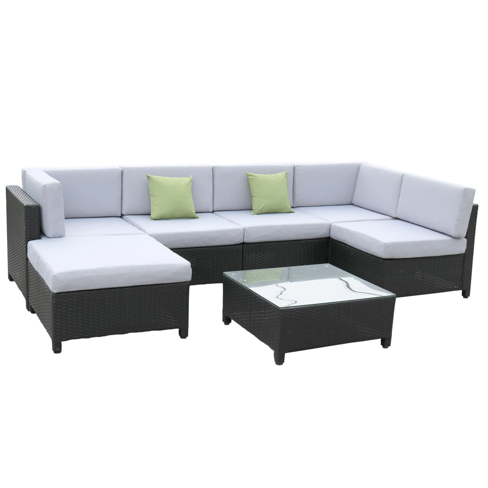 Milano Outdoor 7 Piece Rattan Sofa Set - Black Coating & Grey Seats