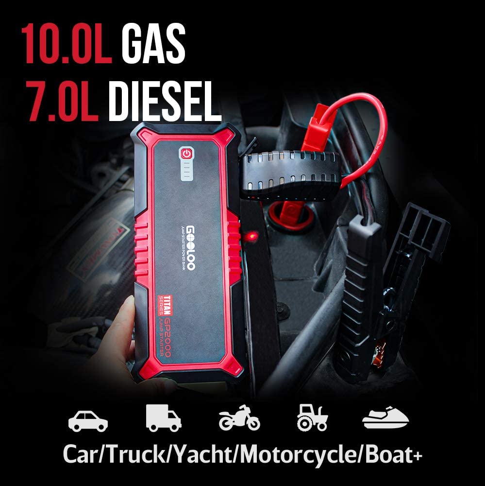 Gooloo Upgraded 2000A Peak Supersafe Car Jump Starter With Usb Quick Charge 3.0 (Up To 10L Gas Or 7L Diesel Engine) 12V Auto Battery Booster Power Pack Type-C Portable Phone Charger