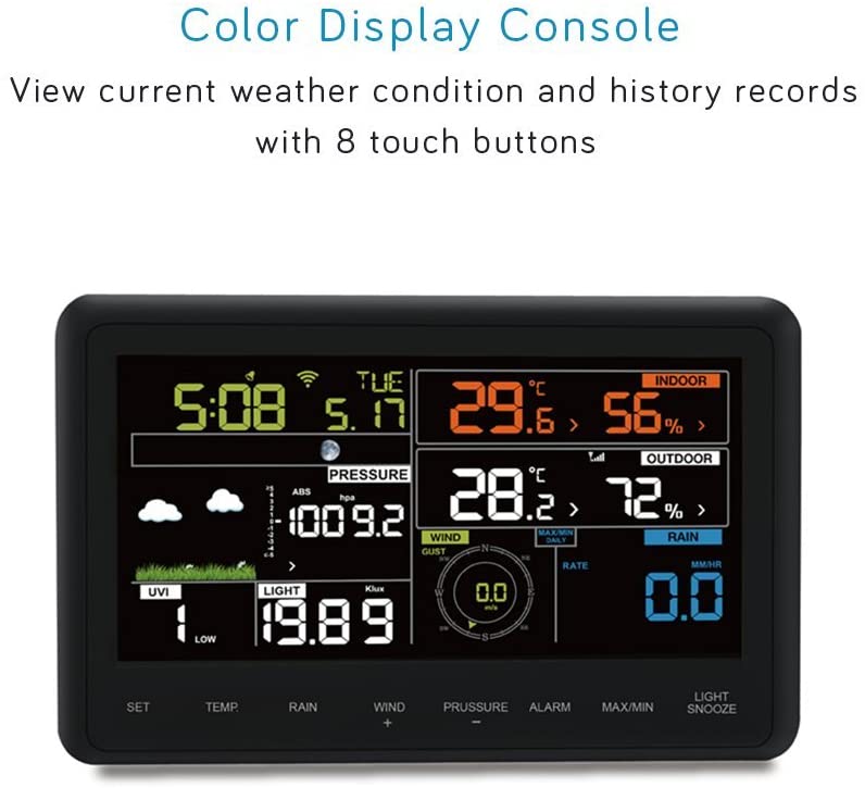 Ecowitt Wh2910C Wi-Fi Weather Station Color Display With Wireless Outdoor Solar Powered 7-In-1 Weather Sensor Home Weather Forecast Station
