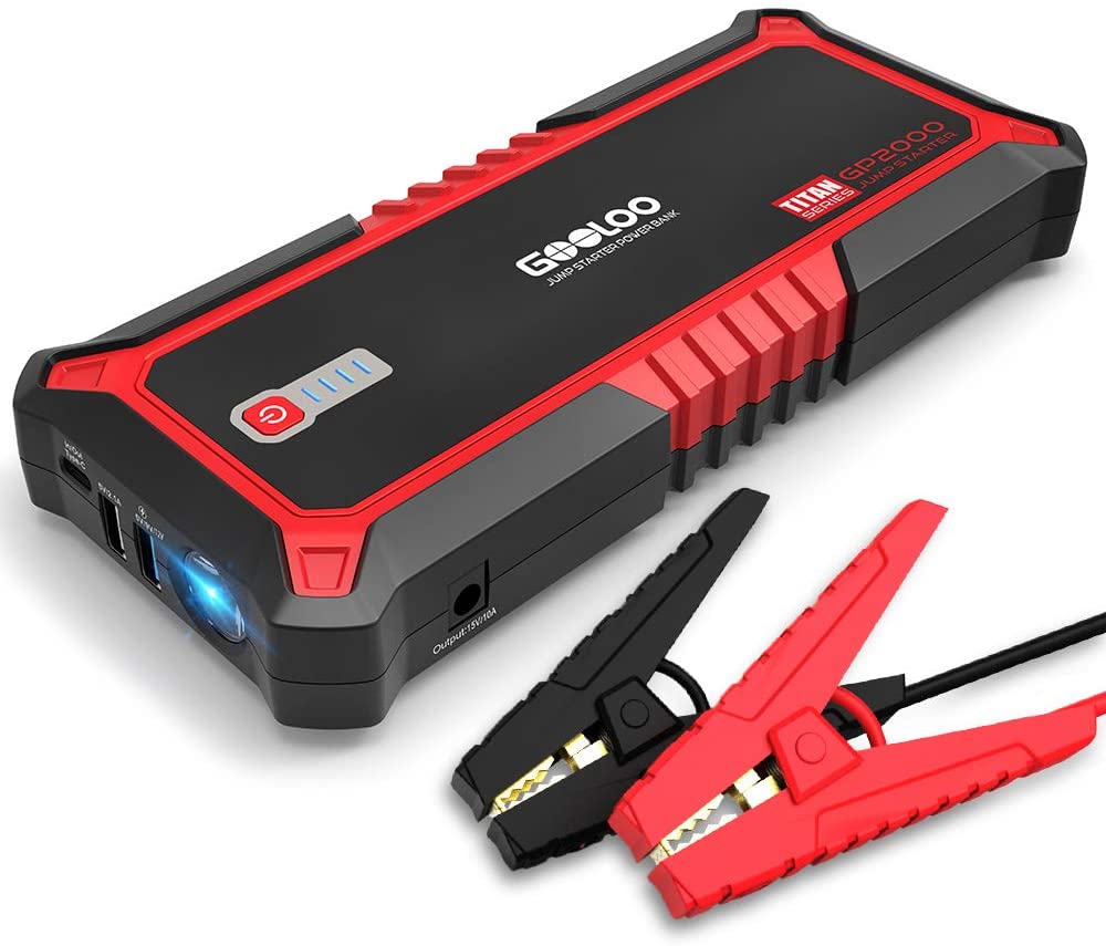 Gooloo Upgraded 2000A Peak Supersafe Car Jump Starter With Usb Quick Charge 3.0 (Up To 10L Gas Or 7L Diesel Engine) 12V Auto Battery Booster Power Pack Type-C Portable Phone Charger