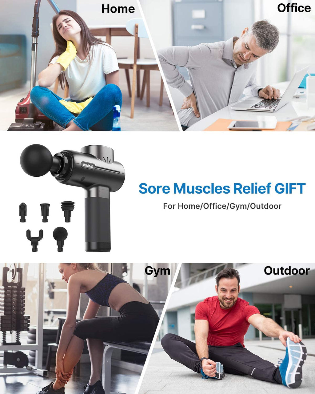 Renpho Massage Gun Deep Tissue, Portable Massager Gun Deep Tissue Weighted Only 1.5Lbs, Handheld Percussion Massage Gun Muscle For Home Gym Office Post-Workout Recovery Soreness Relief