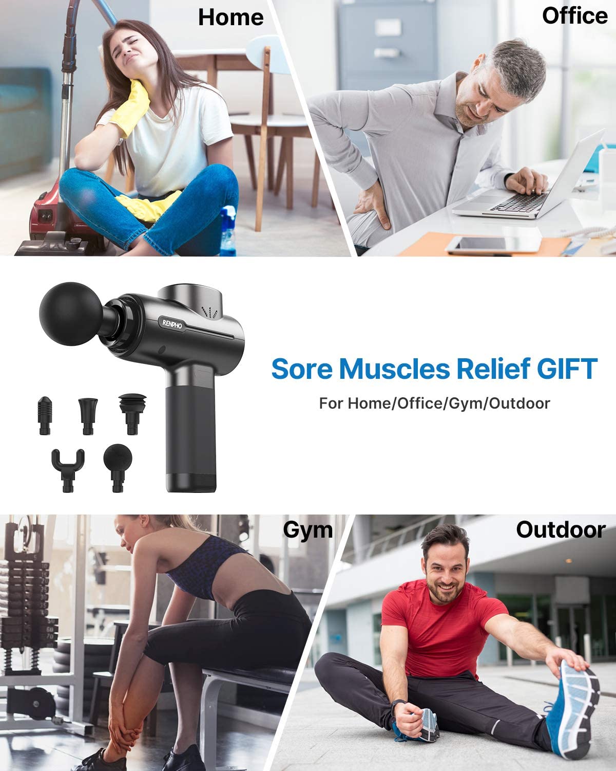 Renpho Massage Gun Deep Tissue, Portable Massager Gun Deep Tissue Weighted Only 1.5Lbs, Handheld Percussion Massage Gun Muscle For Home Gym Office Post-Workout Recovery Soreness Relief