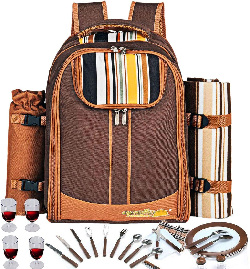 Picnic Backpack Bag For 4 Person With Cooler Compartment, Detachable Bottle/Wine Holder, Fleece Blanket, Plates And Cutlery Set Perfect For Outdoor, Sports, Hiking, Camping, Bbqs(Coffee)