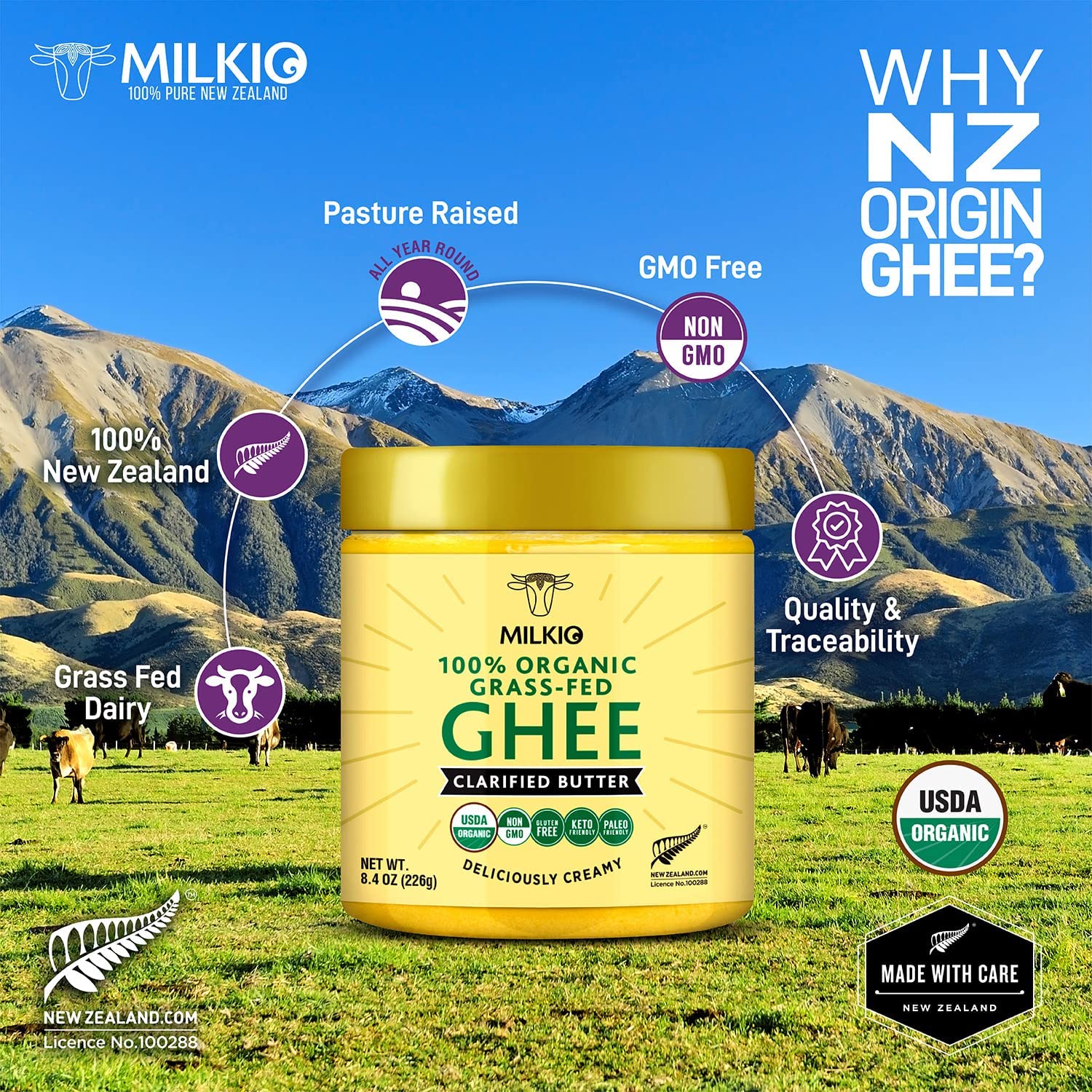 250ml Ghee Butter Organic Grass Fed, Organic Butter Ghee, 250g 100% Organic Grass Fed Ghee USDA MILKIO 250 ML