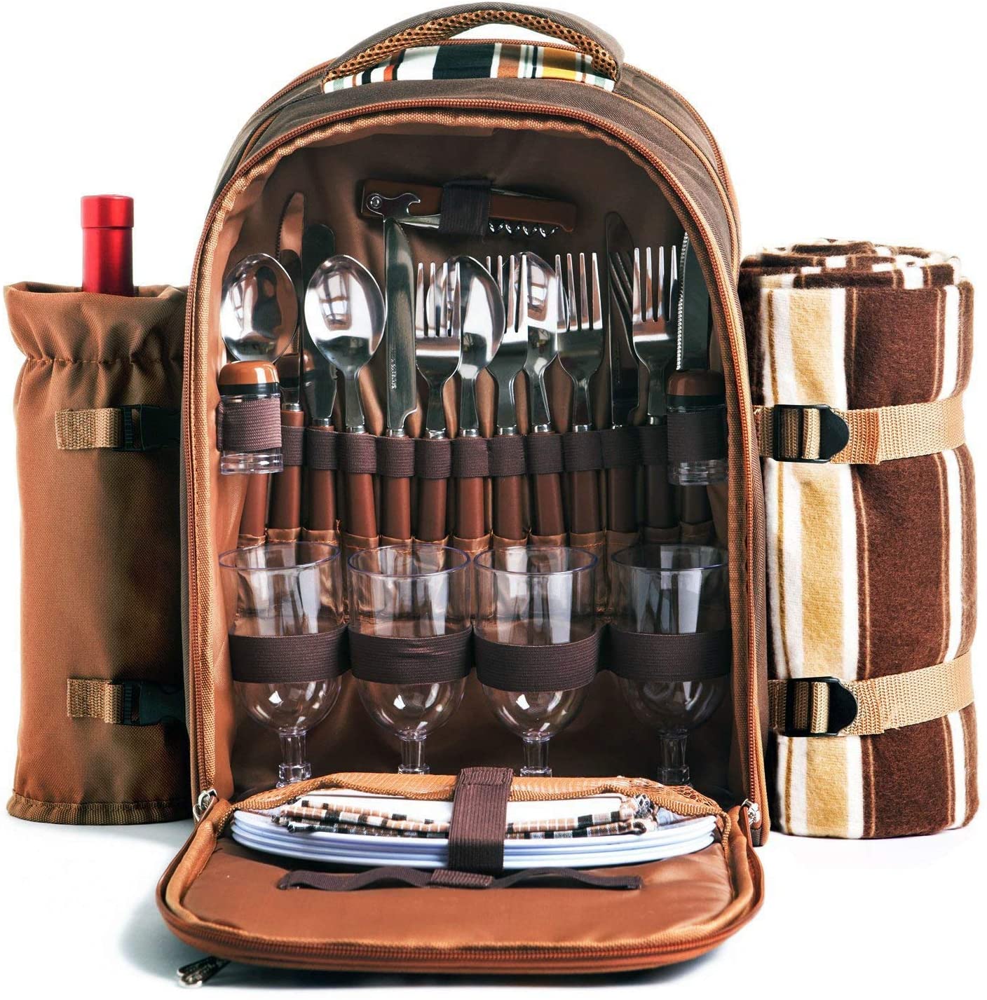 Picnic Backpack Bag For 4 Person With Cooler Compartment, Detachable Bottle/Wine Holder, Fleece Blanket, Plates And Cutlery Set Perfect For Outdoor, Sports, Hiking, Camping, Bbqs(Coffee)