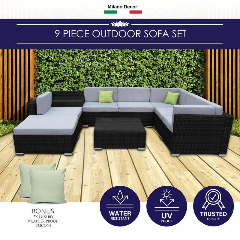 Milano Outdoor 9 Piece Rattan Sofa Set - Black